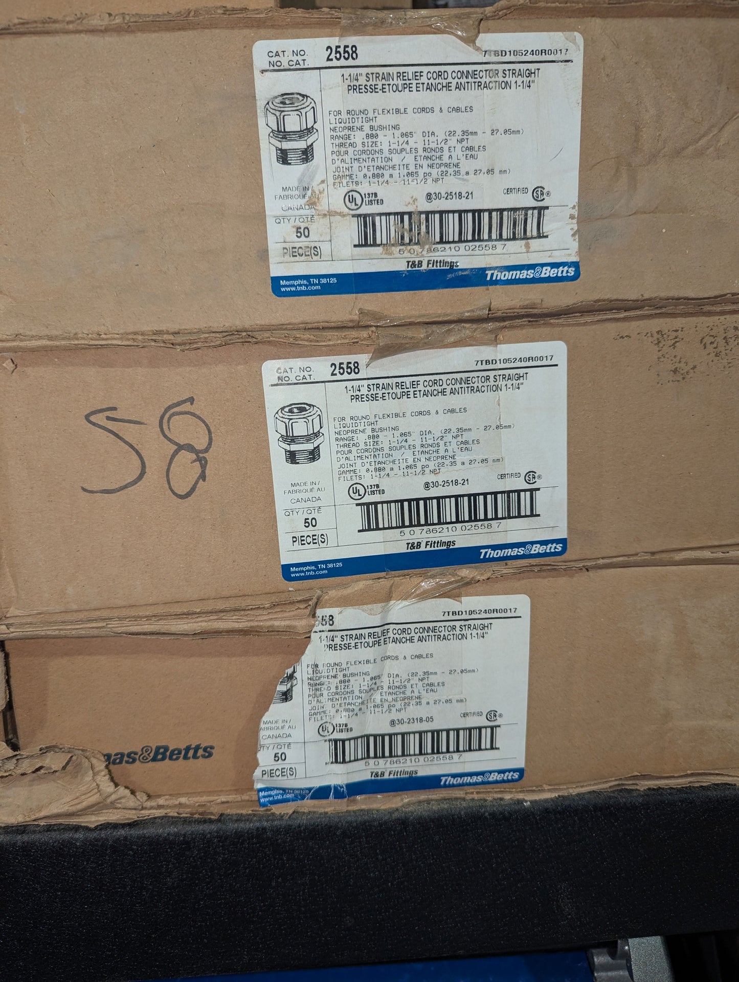 2020 Thomas and Betts 2558 Lot of 50 — Liquid Tight Strain Relief Cord Connector