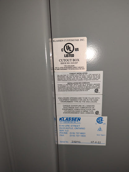2022 Klassen Metal Fab 400-600HP VFD Electrical Enclosure